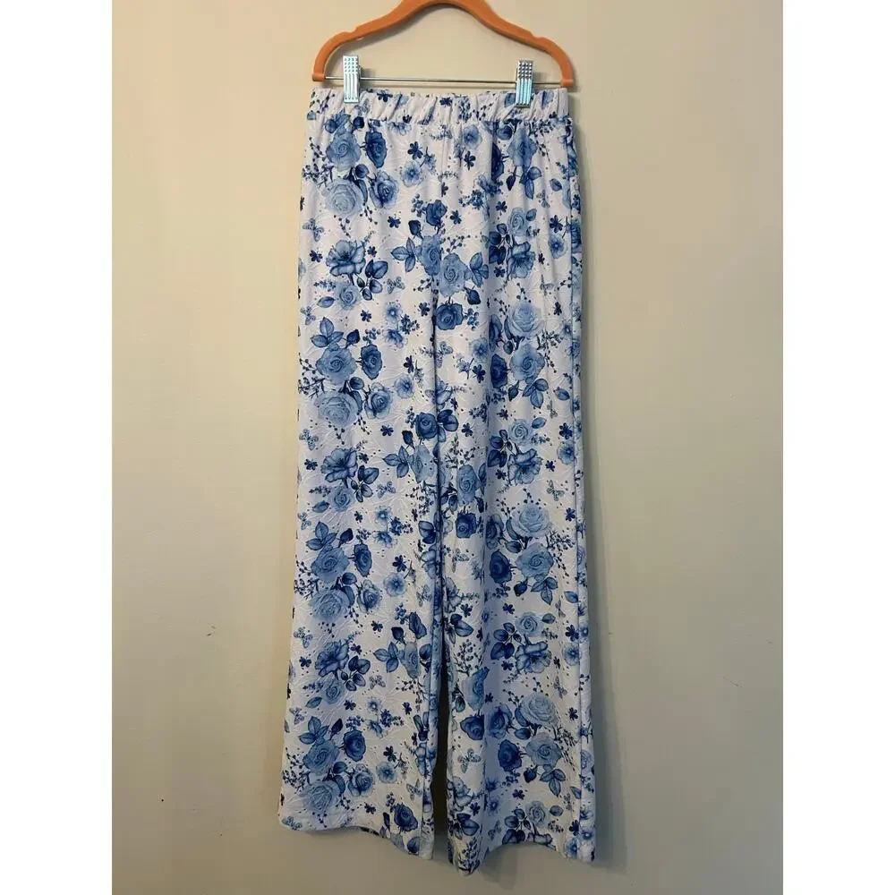Tahari Girls Blue White Floral 2 Pc Matching Set Peplum Top Wide Leg Pants Sz 12